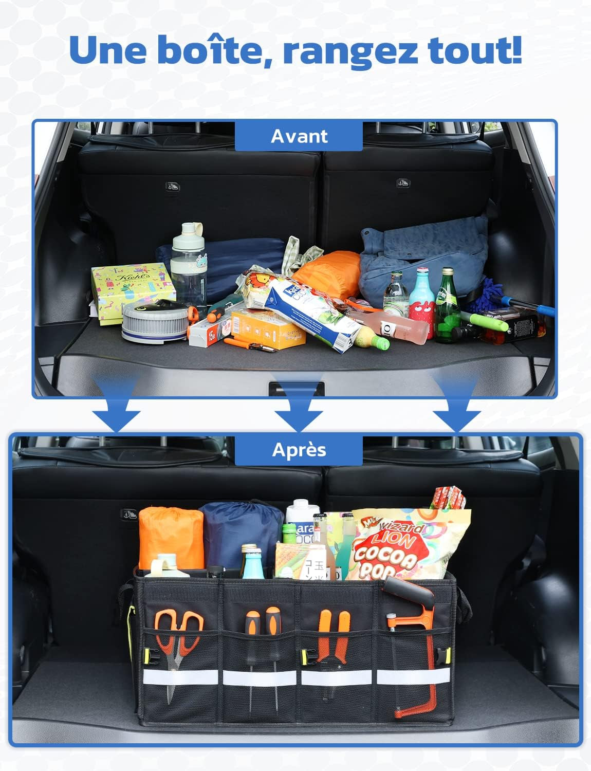 Rangement Coffre De Voiture Organisateur Coffre Voiture 55L En 600D Support 30KG Etanche Multi-Compartiments Avec Couvercle Pliable Et Bande Réfléchissante Pour SUV Camion