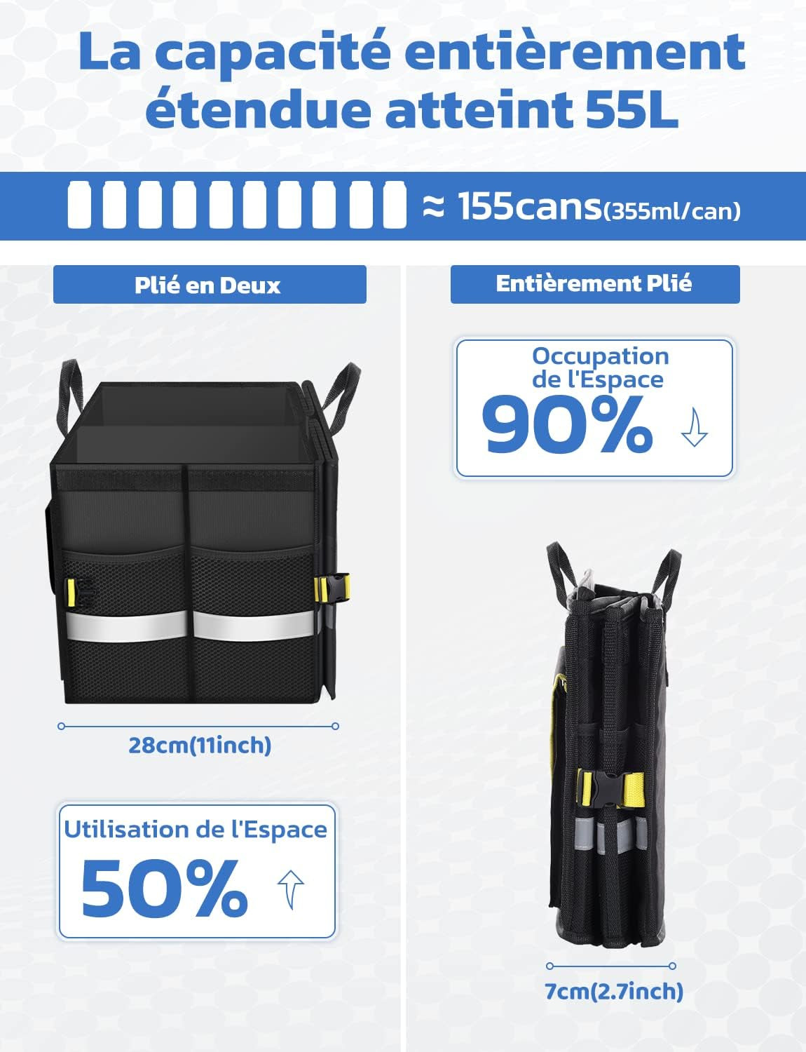 Rangement Coffre De Voiture Organisateur Coffre Voiture 55L En 600D Support 30KG Etanche Multi-Compartiments Avec Couvercle Pliable Et Bande Réfléchissante Pour SUV Camion