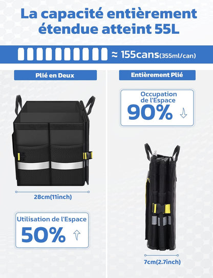Rangement Coffre De Voiture Organisateur Coffre Voiture 55L En 600D Support 30KG Etanche Multi-Compartiments Avec Couvercle Pliable Et Bande Réfléchissante Pour SUV Camion