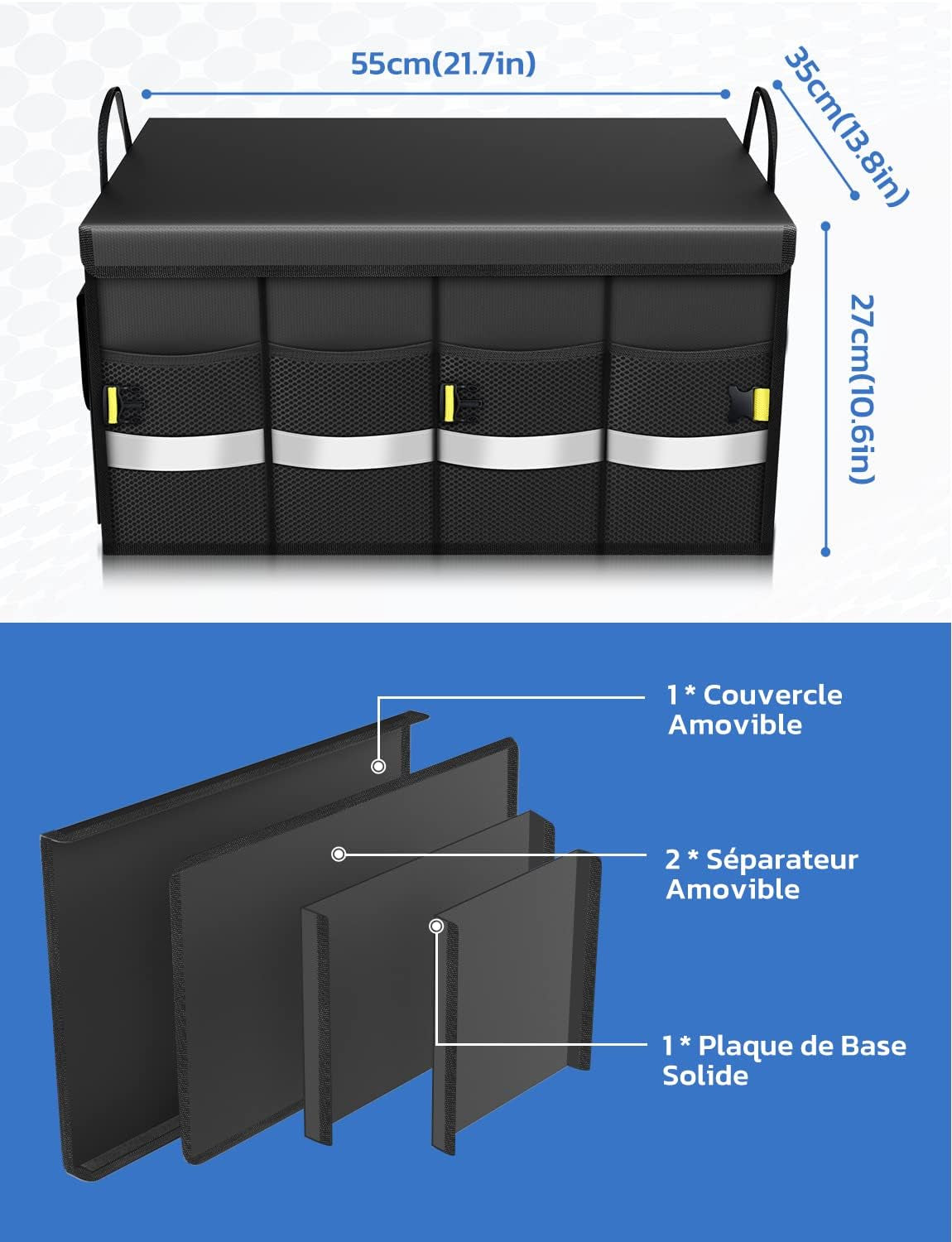 Rangement Coffre De Voiture Organisateur Coffre Voiture 55L En 600D Support 30KG Etanche Multi-Compartiments Avec Couvercle Pliable Et Bande Réfléchissante Pour SUV Camion